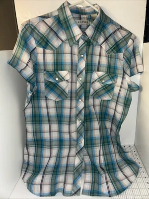 Camisa manga corta Wrangler Pearl Snap. Verde azulado grande, blanco, rosa Foto 1 de 4