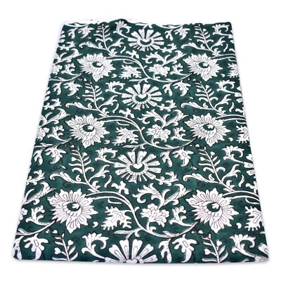Indian Hand Block 10Yards Cotton Fabric Green White Floral Printed Cloth Crafts - Image 1 of 4