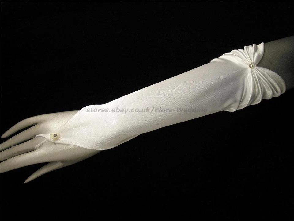 Satin Fingerlos Lang Ball/Hochzeit Braut / Brautjungfer Glove,Rüsche & Diamanten - Bild 1 von 1