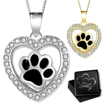 Kinder Damen Halskette mit Anhänger echt 925 Silber Herz Pfote Zirkonia Kristall - Bild 1 von 4
