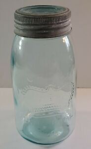 Antique 9" Aqua Blue Glass CROWN Canning Jar w/_ Aqua Blue Glass & Zinc Lid.1920