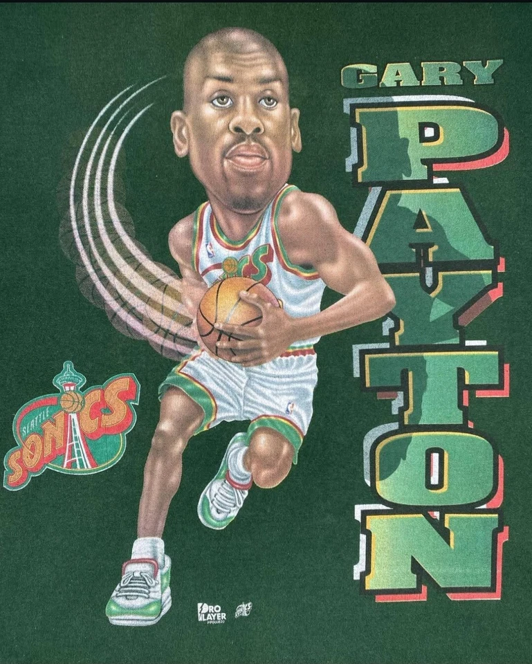 Camisa Caricatura Gary Payton De Colección Seattle Supersonics EE. UU. 1994 Seahawks NBA Foto 1 de 4