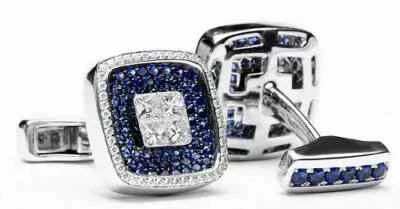 Gemelos para hombre 935 Argentium plateados con circonita cúbica corte princesa de 1,5 quilates y zafiro redondo Foto 1 de 4