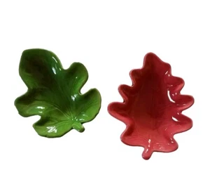 Fall Leaf Small Ceramic Dishes Green & Red Set of Two, Autumn Home Decor  - Picture 1 of 12
