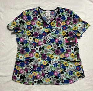 Floral Colorful 2XL V-Neck Scrub Top Short Sleeved Performance Stretch Scrubstar - Picture 1 of 2