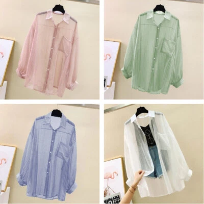 Women Chiffon Shirt Sun Protection Cardigan Jacket Sheer See Through Blouse - Image 1 of 4