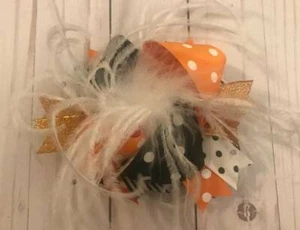 Orange & Black White Feather Halloween Hair Bow 5 1/2" - Picture 1 of 3