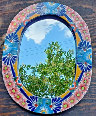 21" TALAVERA MIRROR bathroom wall decor vanity, Mexican pottery folk art hanging - Image 1 of 4