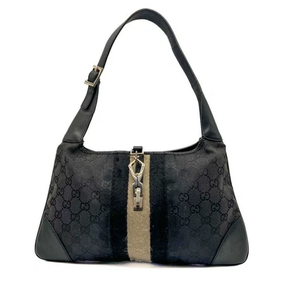 GUCCI Jackie GG Canvas Shoulder Bag Black Leather Handbag Sherry Purse Authentic - Image 1 of 4