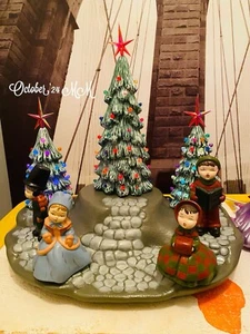 Ceramic Christmas Carols With Trees , Mixed Set I Created, Battery Lighted - Picture 1 of 2