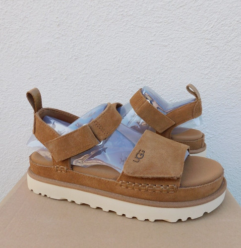 SANDALI UGG CASTAGNA GOLDENS SCAMOSCIATI PLATEAU CINTURINO DONNA US 7 EUR 38 ~NUOVI CON SCATOLA