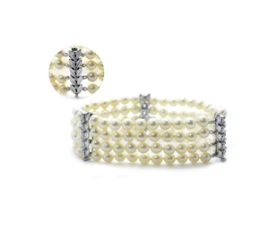 0.18 Ct Diamonds Four Strands Pearl Bracelet 18k White Gold Clasp 8.2 Inches - Picture 1 of 8