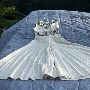 Vintage Alfred Shaheen Egyptian Print Ivory Pleated Wide Leg Jumpsuit Size 14 - Picture 1 of 6