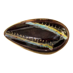 West Germany Teardrop Pottery Dish Abstract Pattern 1050-33 Brown Gold Lip Chip - Picture 1 of 12
