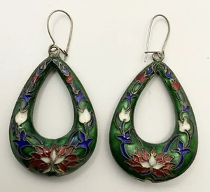 Cloisonne Vintage Floral Hoop Pierced Dangle Gold Earrings Multi-coloured 4cms - Picture 1 of 3