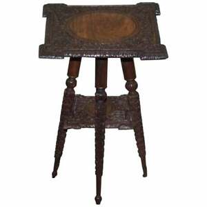 ANGLO BURMESE HAND CARVED ROSEWOOD 19TH CENTURY ANTIQUE SIDE END LAMP WINE TABLE