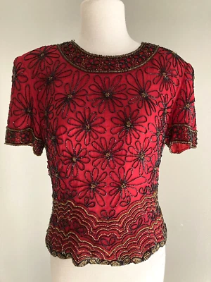 VTG  PAPPEL BOUTIQUE EVENING Top RED Silk Beaded Blouse Cocktail daisies s/m - Image 1 of 4