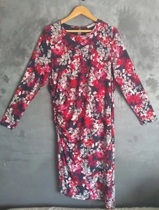 Ladies Per Una Red Pink Stretch Floral Ruched Dress UK20 EU48 New With Tags - Picture 1 of 12