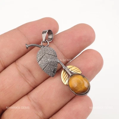 Pendente Artigianale In Occhio Di Tigre Giallo Naturale In Argento Sterling 925 - Immagine 1 di 4