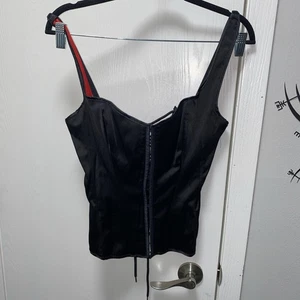 Sexy schwarzes Satin Feel Korsett Fredericks Of Hollywood schwarz mittelrotes Futter  - Bild 1 von 8