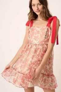 MittoShop Red Flower Print Organza Mini Dress Size S - Picture 1 of 10