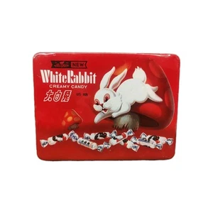 Caja de lata de caramelos cremosos de conejo blanco vintage gráficos de setas de conejo rojo VACÍO - Imagen 1 de 7