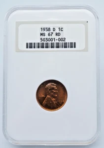 1938-D Lincoln Wheat 1c Cent NGC MS 67 RD Old Holder - C1989 - Picture 1 of 4