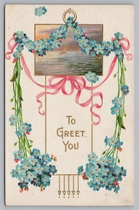 Postcard To Greet You Flower Garland Sailboat Seascape 1912 Birthday Wishes - Picture 1 of 2