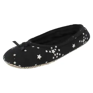 Ladies Spot On Black Star Pattern Indoor Slippers With Bow Detail X2R102 - Picture 1 of 11