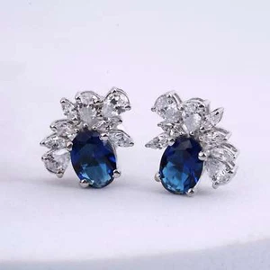 Oval Cut Lab Created Sapphire 14K White Gold Plated Stud Earrings For Gift - Picture 1 of 4