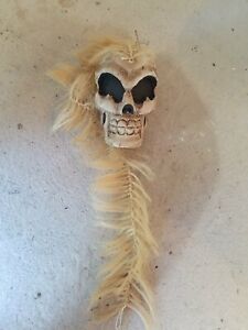 Nice Skull Figurine Wooden Unique Piece Hand Carved Collectible W. Long Hair