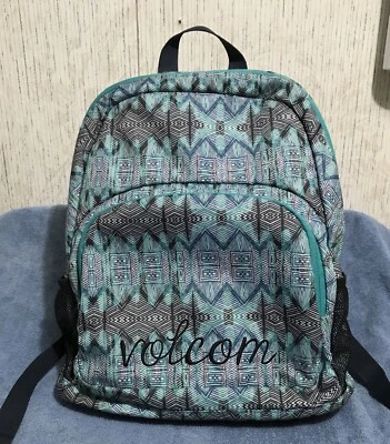 Volcom True To This Backpack Patterned Teal/Blue/Black Book Bag Zipper 3 Pockets - Image 1 of 4