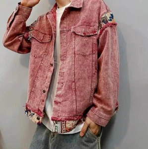 Giacca jeans uomo rosso rosa denim cotone punk casual cappotto bottoni retrò misto - Foto 1 di 9