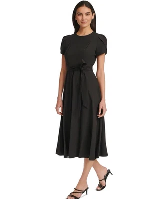 Vestido midi calce y acampanado Calvin Klein manga tulipán cinturón negro para mujer talla 4 Foto 1 de 4