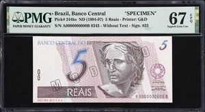 Brazil 5 Reais SPECIMEN ND (1994-97) Pick-244bs SUPERB GEM UNC 67 EPQ - Picture 1 of 2