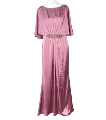ADRIANNA PAPELL Rose Mauve Satin Rhinestone Beaded Draped Cape Maxi Dress Sz 10 - Image 1 of 4