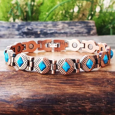 Pulseira unissex sólida pura cobre azul turquesa magnética terapia da dor artrite - Imagem 1 de 4