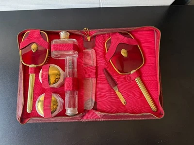 Juego de aseo de colección RUMPP para mujer cepillo de pelo años 50 espejo bolsa de cuero cremallera rojo Foto 1 de 4