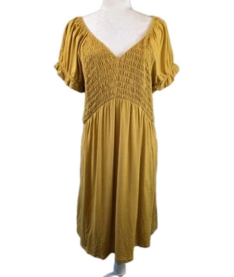 Cato Dress Women XL Sunflower Yellow Smocked Babydoll Short Ruffle V-Neck Pocket - Image 1 of 4