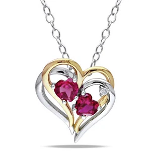 Amour Two-tone Silver Diamond And Created Ruby Heart Pendant With Chain, 18" - Picture 1 of 5