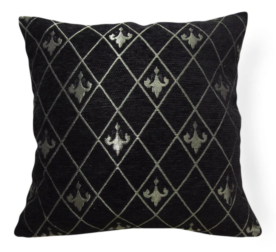 Wd50Aa Pale Gold on Black Damask Chenille Check Throw Cushion Cover/Pillow Case - Image 1 of 4