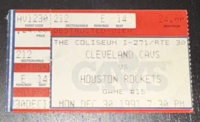 Houston Rockets Cavaliers Cavs NBA Basketball Ticket Stub Hakeem HOF 12/30/1991  - Image 1 of 2