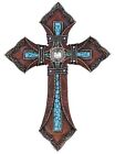 NOOBECR HLXFF3 Tooled Leather Look Wall Cross - Faux Turquoise with Center Rh...