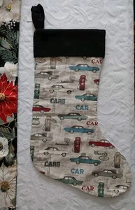 Medias de Navidad hechas a mano totalmente forradas grandes 9"x20 vintage tema coche puño negro - Imagen 1 de 8