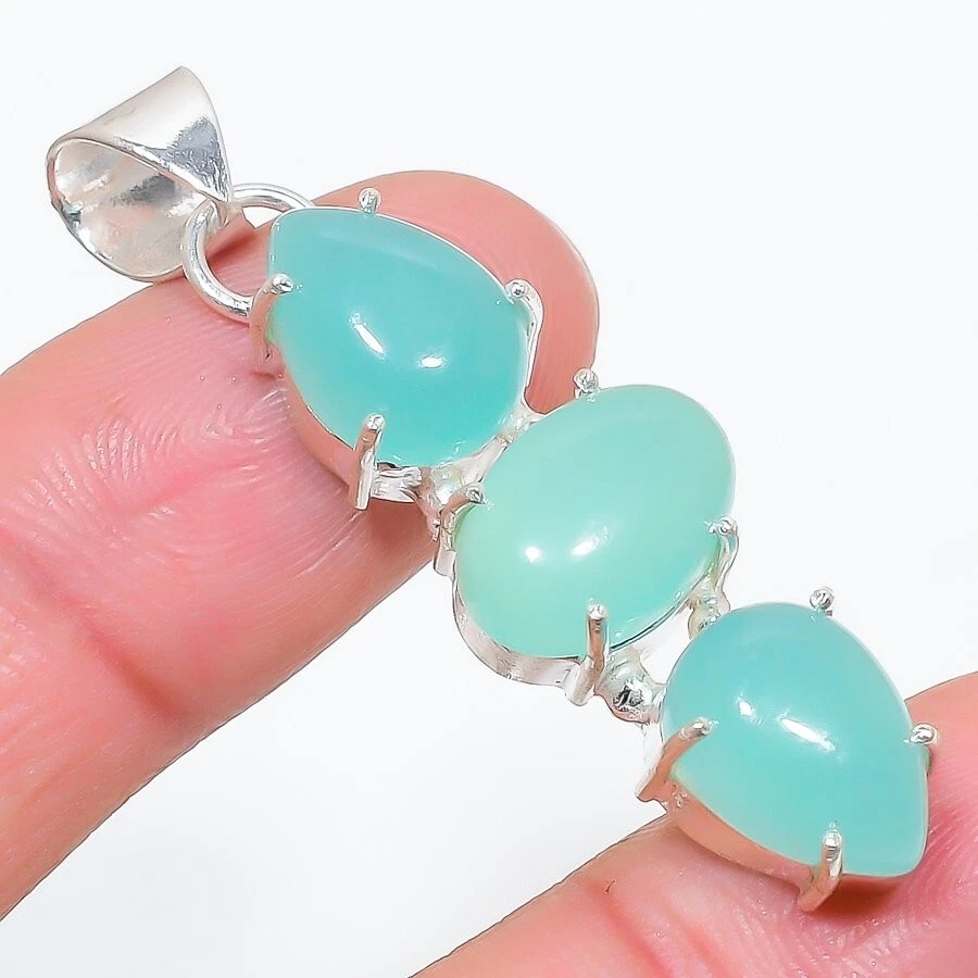 Aqua Chalcedony Gemstone Handmade 925 Sterling Silver Jewelry Pendant Size 2" - Image 1 of 1