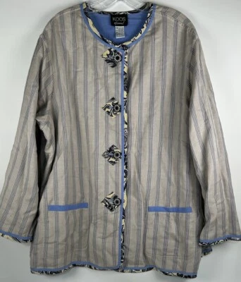 Koos Of Course Blue Striped Floral Reversible Linen Blend Jacket Plus 1X Art - Image 1 of 4