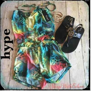 HYPE Watercolor Abstract Tie Shoulder Short Romper - Picture 1 of 8