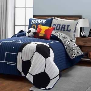 Soccer Game Reversible Oversized Kids 5 Piece Quilt Set, Full/Queen, Navy & Gray - Picture 1 of 12