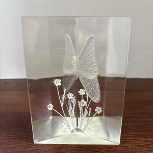 Vtg 1979 Signed Ronald FOX Lucite Butterfly Flowers Acrylic Etched Engraved Art - Picture 1 of 12