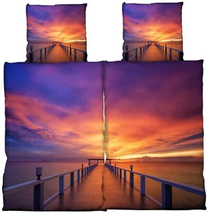 4 teilig Partnerbettwäsche 135x200cm Sonnenuntergang Steg Strand blau Microfaser - Bild 1 von 5